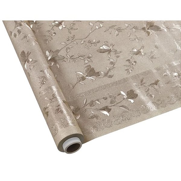 TOALHA MESA METALIZADA BARRADO FLORAL BRONZE 1,37M X METRO