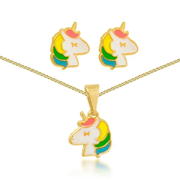 CONJUNTO UNICÓRNIO BANHADO EM OURO 18K CJI761
