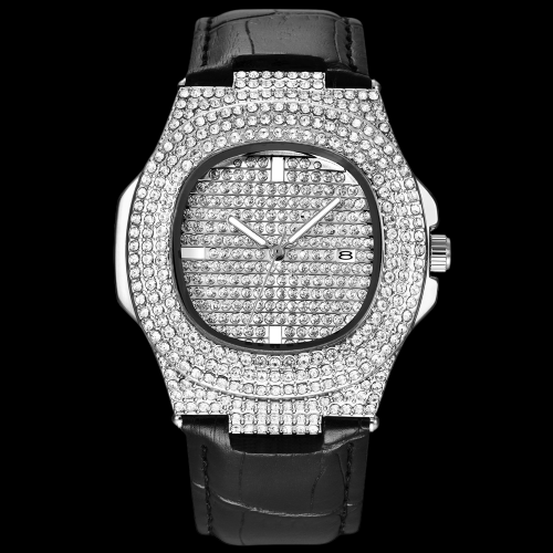 Relógio Cravejado pulseira de Couro - Masculino