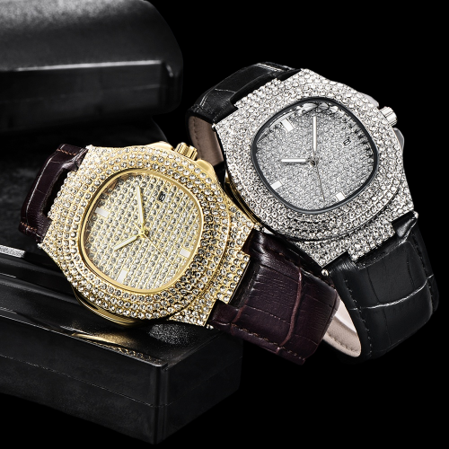 Relógio Cravejado pulseira de Couro - Masculino