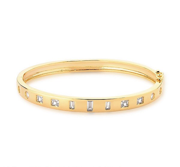 Bracelete Ban. Dourado Pedra Branca Retangular/Quadrada