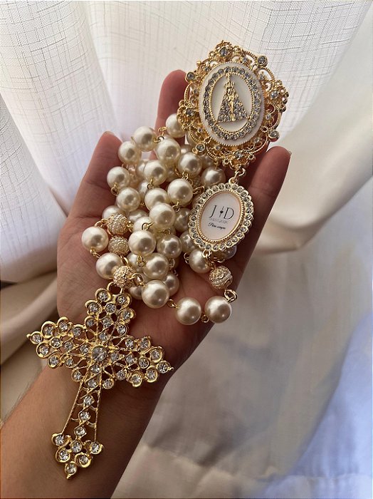 Terço de Nossa Senhora Aparecida Dourado com iniciais