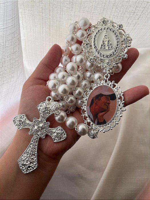 Terço personalizado de nossa senhora aparecida com relicário/Prata