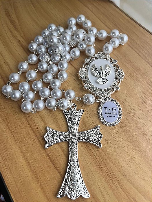 Terço de Noiva Prata Divino Espirito Santo com iniciais