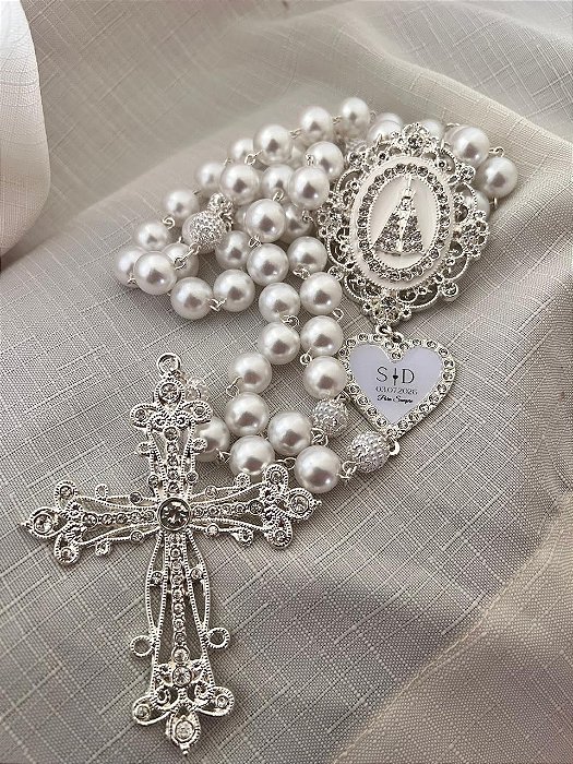 Terço de Noiva Prata de Nossa Senhora aparecida com iniciais