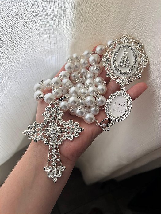 Terço de Noiva Prata Nossa senhora Aparecida com iniciais