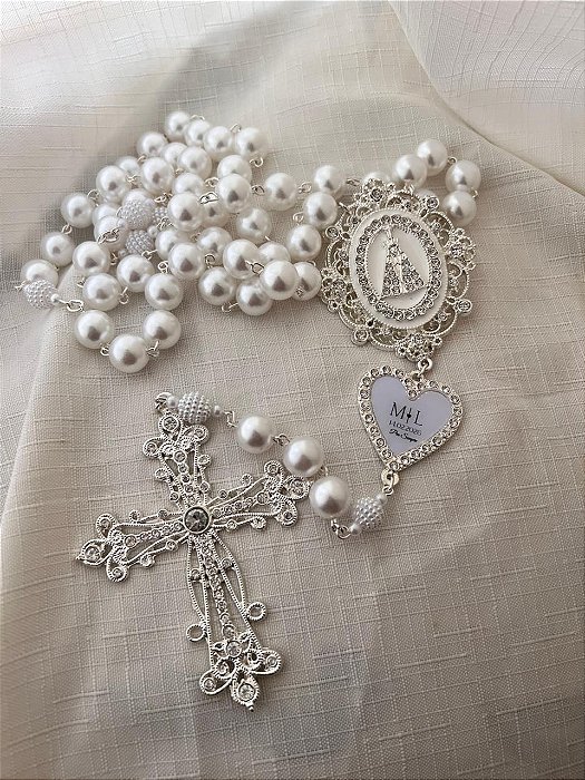 Terço de Noiva Prata Nossa senhora Aparecida com iniciais
