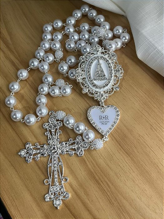 Terço de Noiva Prata Nossa Senhora com iniciais
