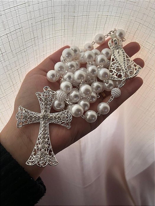 Terço de Nossa Senhora Aparecida Prata Modelo 12