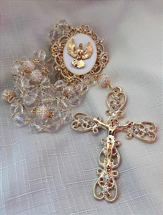 Terço de Noiva de Cristal Divino Espirito Santo/Dourado