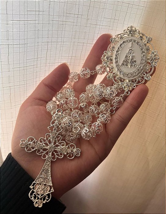 Terço de nossa senhora Aparecida de Cristal Prata modelo