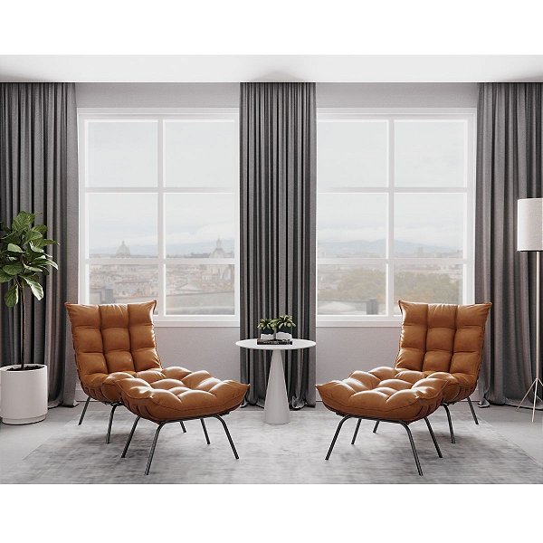 Kit 2 Poltronas Costela Com Puff Em Corino Marrom