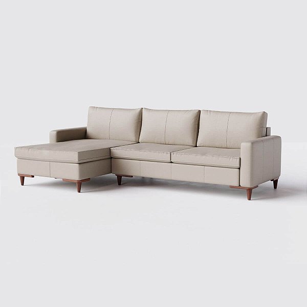 Sofá Living Fixo Viena com Chaise 2,40m em Couro Bege