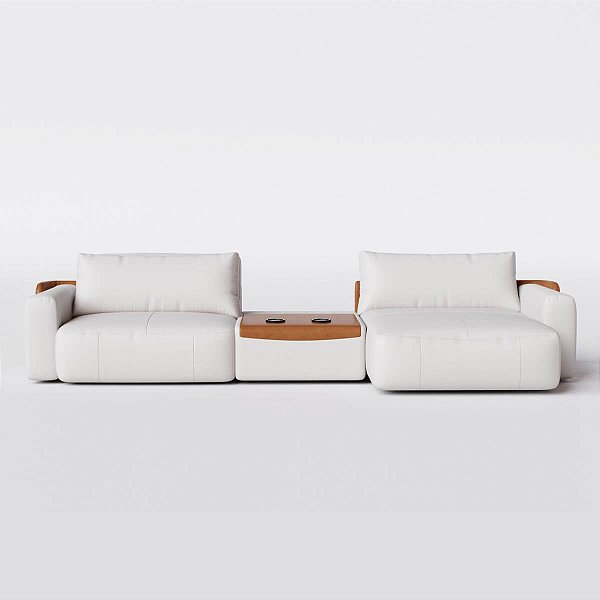 Sofá Cama Ibiza Sem Caixa com Console 2,45m em Linho Off White Areia e Corino Marrom
