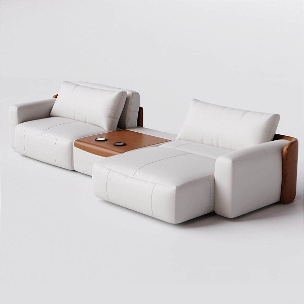 Sofá Cama Ibiza Sem Caixa com Console 2,65m em Linho Off White Areia e Corino Marrom