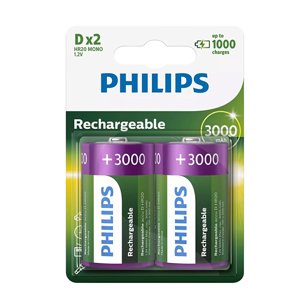 2 Pilhas Baterias D Recarregáveis Philips Tamanho Grande 3000mAh
