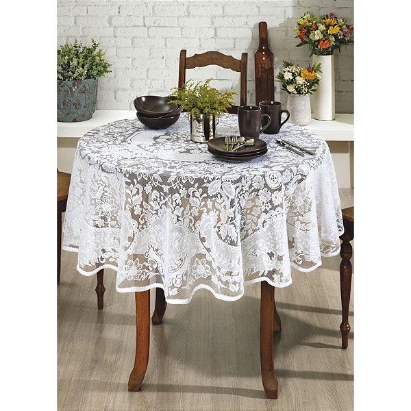 Toalha de Mesa Redonda Renda Branca 1,40m 4 Cadeiras