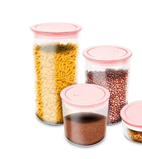 Potes Hermeticos Rosa 3 Peças Acrilico Redondo Resistente Livre Bpa 1400ml 1000ml 600ml