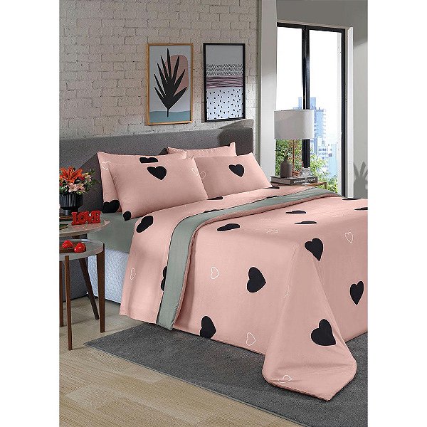 Jogo de Cama Coração Rosa Solteiro 3 Peças Romance