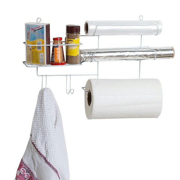 Suporte Organizador 6 em 1 Aramado Para Papel Toalha, Aluminio, Filme, Pano de Prato e Outros
