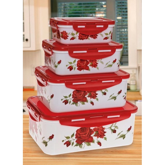 Kit 4 Potes Retangulares Vermelho Floral Tampa com Travas