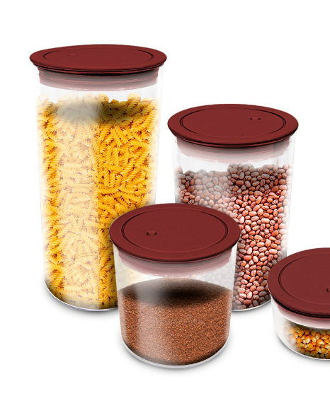 Potes Hermeticos Vermelho 3 Peças Acrilico Redondo Resistente Livre Bpa 1400ml 1000ml 600ml