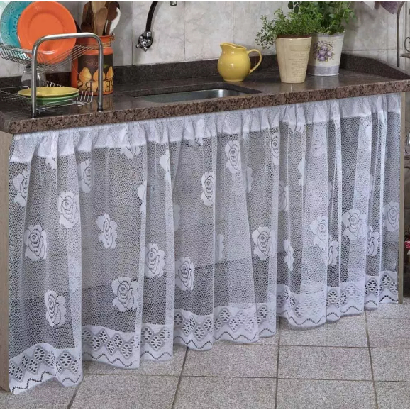 Cortina de Pia de Cozinha de Renda Branca Coleção Rosas 1,40m x80cm