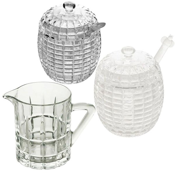 Kit Açucareiro Leiteira Meleira Vidro Tress Lyor 3 Peças