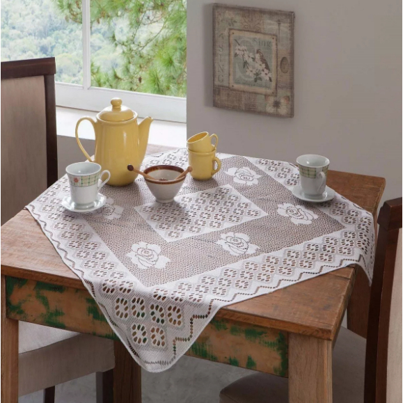 Toalha de Mesa Chá Renda Quadrada Rosas Branco 0,78m
