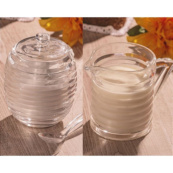 Kit Açucareiro + Leiteira de Vidro Com Alça Coleção Colméia Lyor