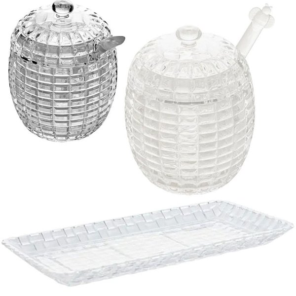 Kit Açucareiro Meleira Travessa de Vidro Tress Lyor 3 Peças