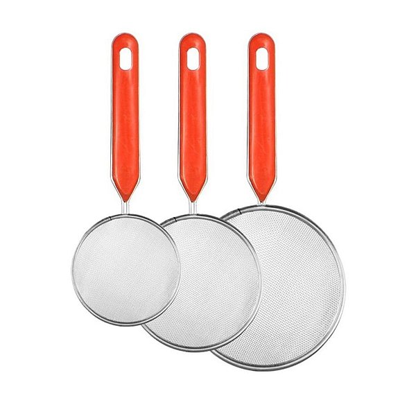 Kit 3 Peneiras Aço Inox com Cabo Vermelho Tam. 8 10 e 12cm