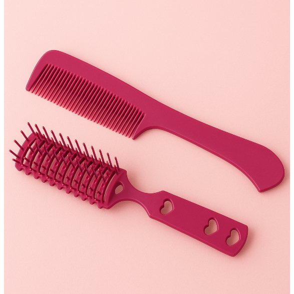 Kit Escova Para Cebelo + Pente Rosa Com Detalhes Coração