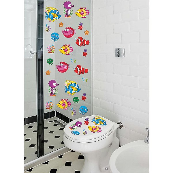 Adesivo Fundo do Mar Colorido Peixes Amarelo Bolhas Ref.6384