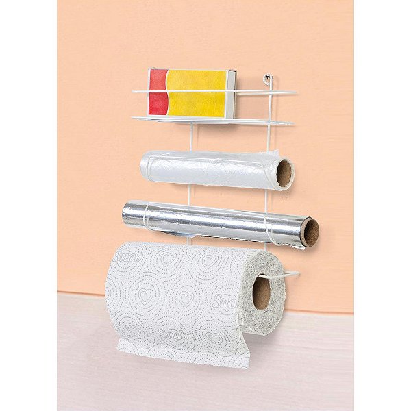 Suporte Porta Papel Toalha Aço Branco Para Cozinha 4 em 1