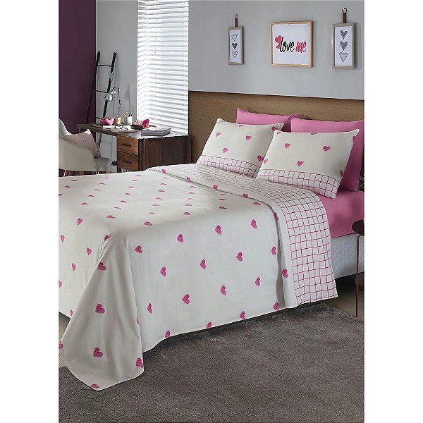 Jogo de Cama 4 Peças 150 Fios Queen CORAÇÃO E XADREZ ROSA