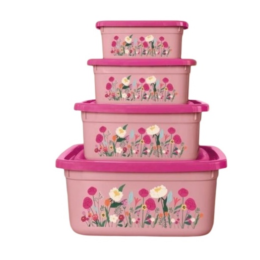 Potes Rosa Quadrados Floral 4 Peças