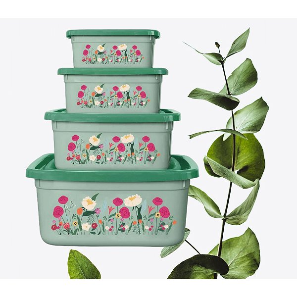 Potes Verde Quadrados Floral 4 Peças