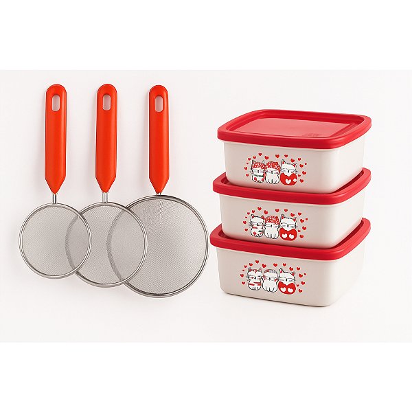 Kit 3 Potes Quadrados Gatos 400ml + 3 Peneiras Vermelhas Inox