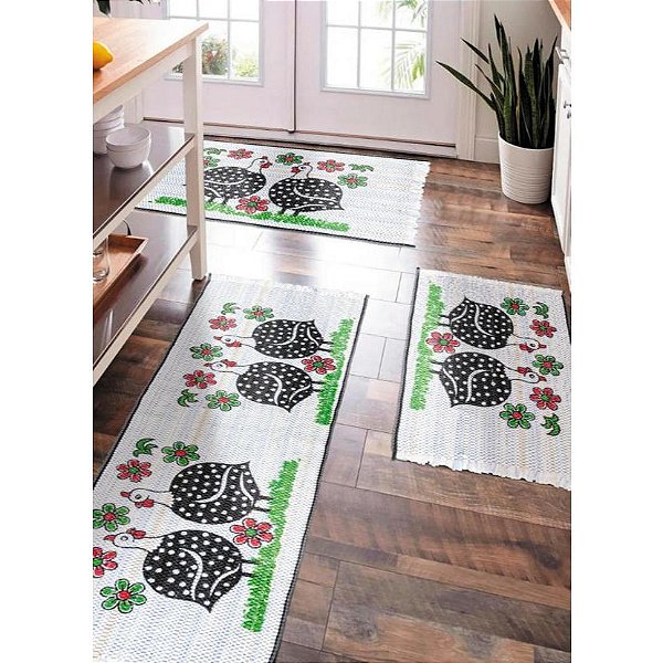 Kit 2 Tapetes + Passadeira de Cozinha Têxtil Galinha Flor C488