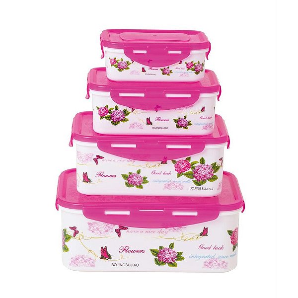 Kit 4 Potes Retangulares Rosa Floral Tampa com Travas