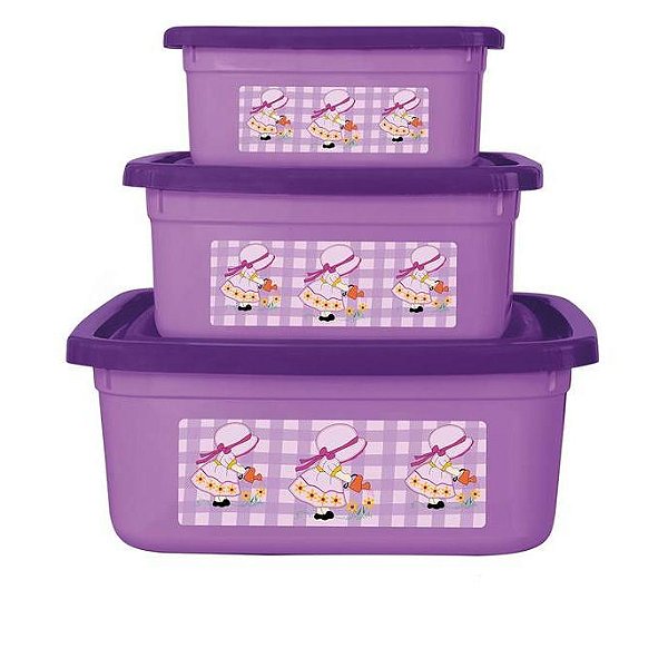 Kit 3 Potes Quadrados Com Tampa Multiuso Lilás Roxo Bella