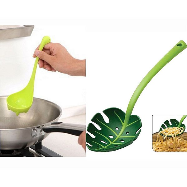 Kit Escumadeira Para Massas Folha + Concha Dinossauro Verde