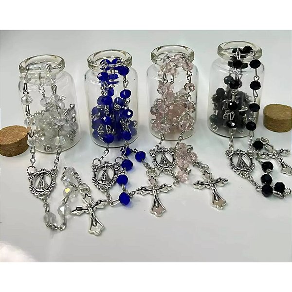 Terço Nossa Senhora Aparecida Prateado + Garrafa Vidro Color