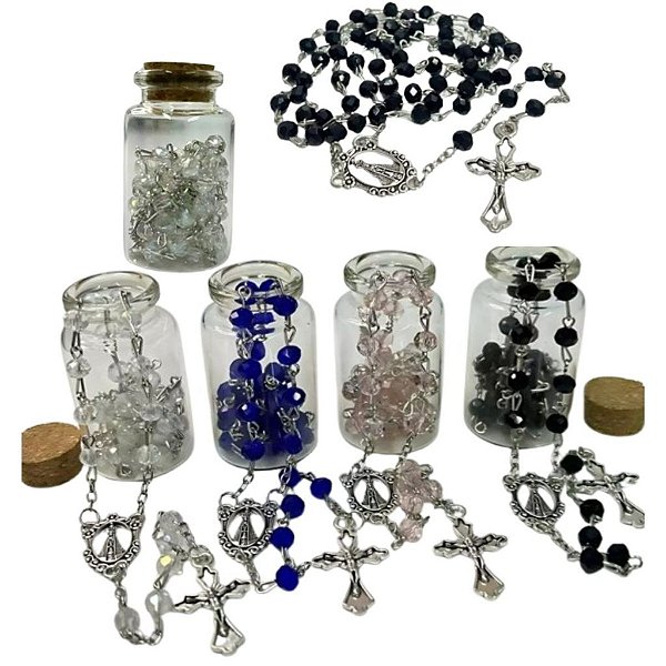 Kit 2 Terço Nossa Sra. Aparecida Prateado Color + Garrafa Vidro