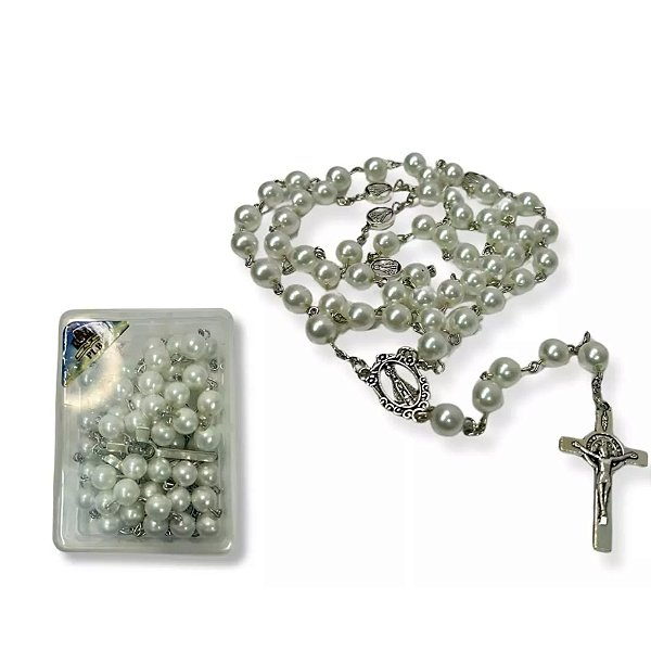 Terço Nossa Senhora Aparecida Pérolas Medalhas + Caixinha M3