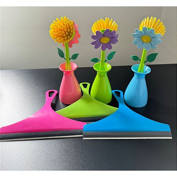 Kit Escova de Limpeza Com Suporte Flor + Rodinho Pia Exclusivo