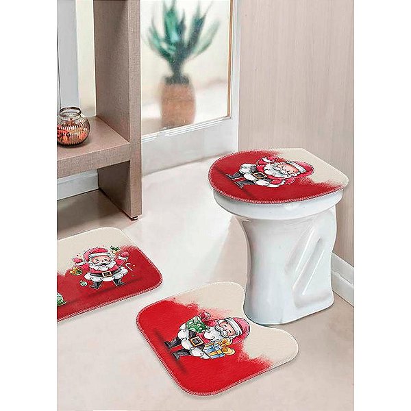 Jogo de Banheiro Tapetes Para Vaso Piso Papai Noel 3 Peças C3724