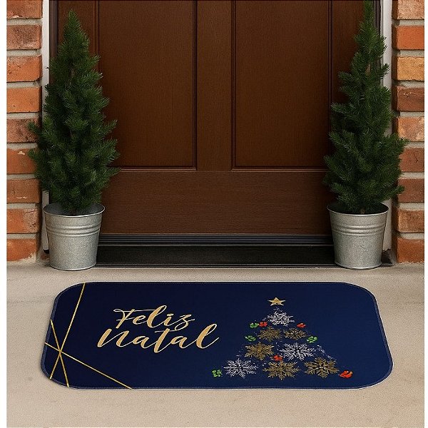 Tapete Capacho Antiderrapante Feliz Natal Azul 34x60cm C0731
