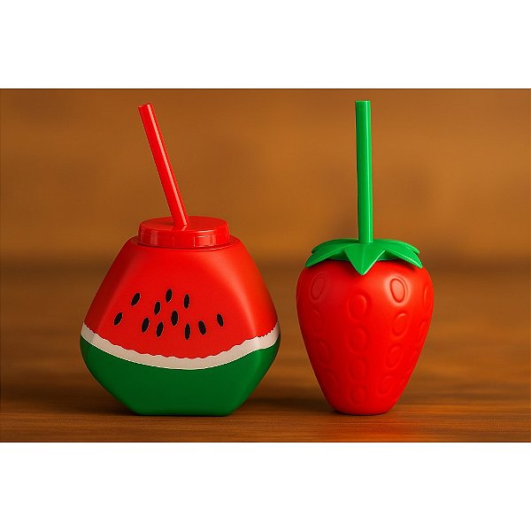 Kit 2 Copos Com Canudo Morango + Fatia de Melancia Vermelho